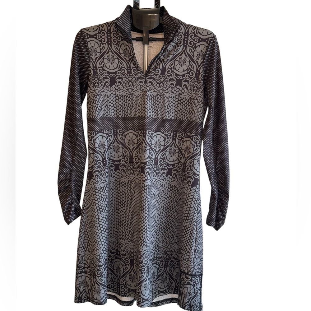 Prana Spitfire Black and Gray 1/4 zip ruched long sleeve dress women’s Medium